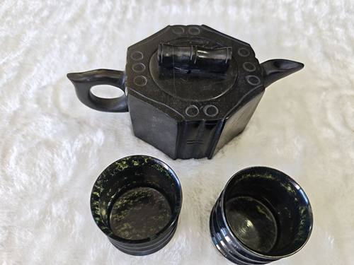 天然墨玉茶具，墨玉保健壶保健杯，主人杯客杯竹节壶竹节杯玉茶杯