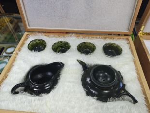 正品酒泉夜光杯 天然墨玉精品茶具 玉壶玉杯茶海公道杯茶具礼品盒