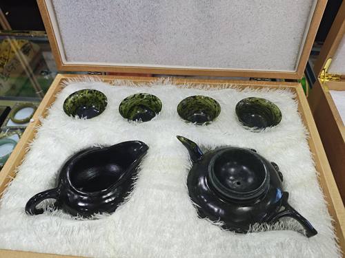 正品酒泉夜光杯 天然墨玉精品茶具 玉壶玉杯茶海公道杯茶具礼品盒