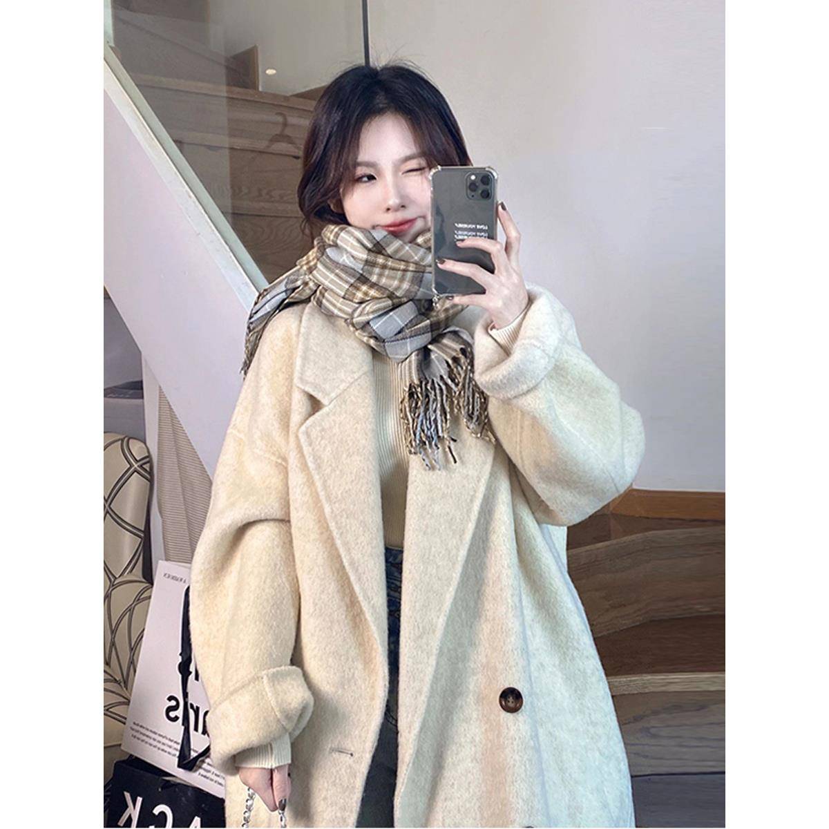 燕麦色呢子大衣女2025秋冬季新款高级感小个子羽绒内胆羊毛呢外套