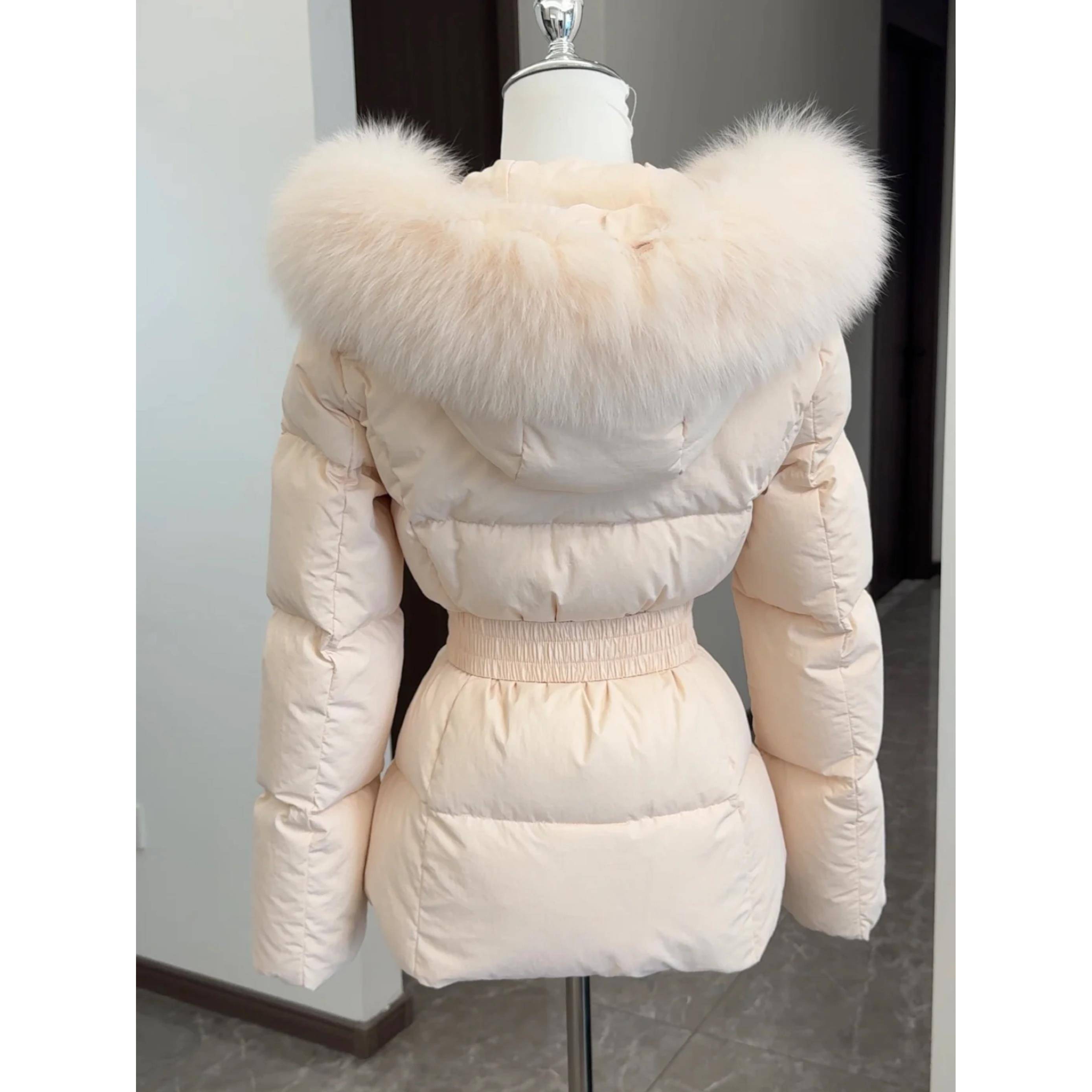 韩女封神 连帽真狐狸毛领90白鸭绒收腰显瘦羽绒服女冬季外套