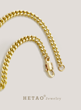 HETAO荷桃酷感极简风扁3mm古巴链侧身链手链全18K纯金素金锁头扣