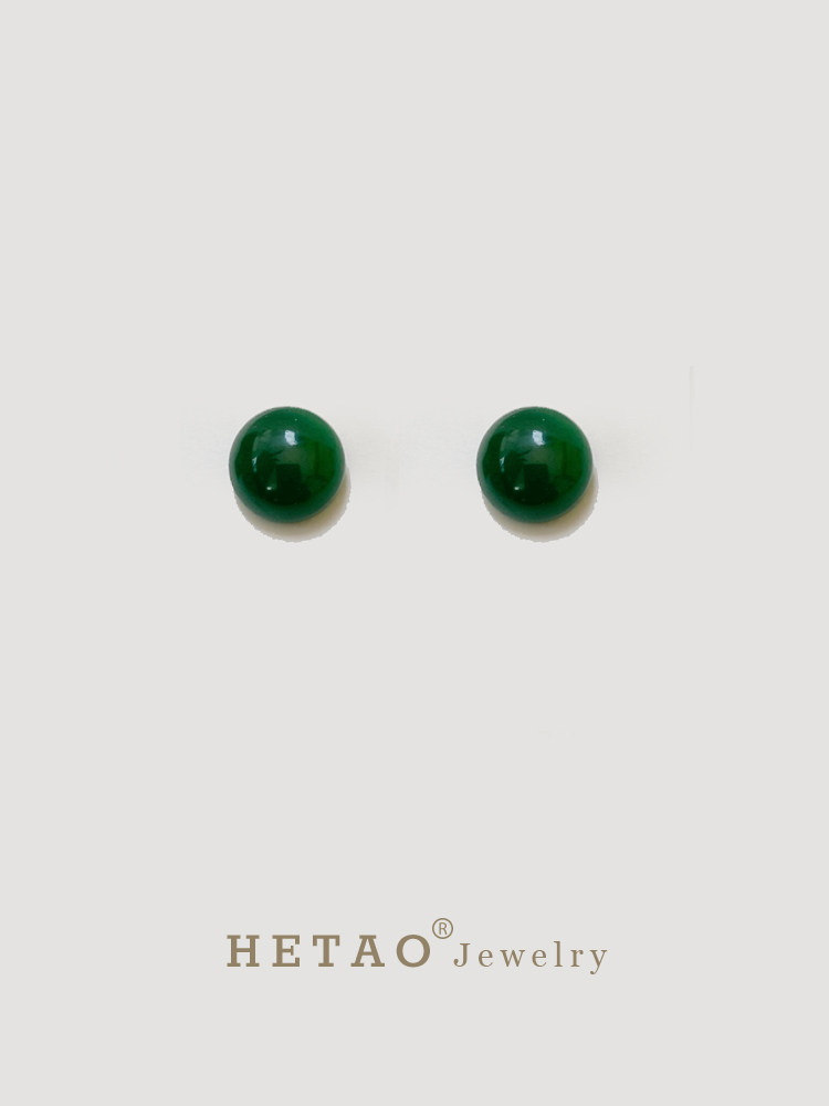 HETAO荷桃天然菠菜绿玉髓耳钉优雅复古13mm宽半圆18k金耳针不过敏
