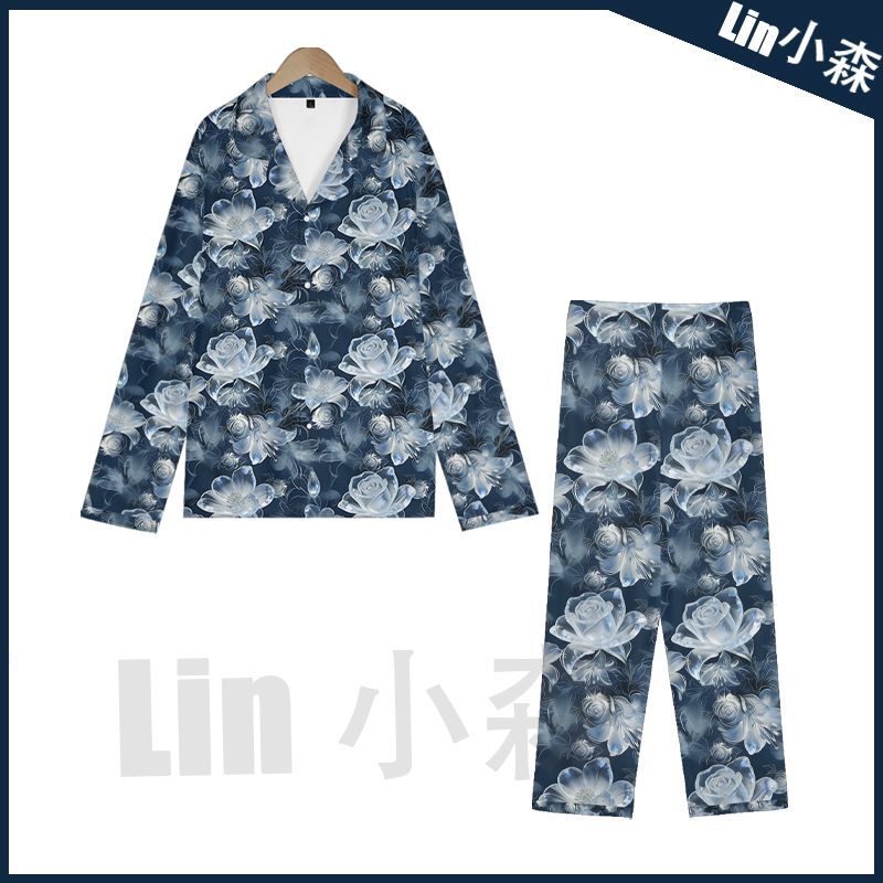 冰花蓝玫瑰满印睡衣套装