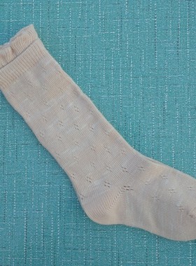 销售男女3-5岁儿童浅黄色棉质镂空网眼双层口无骨缝中筒袜子