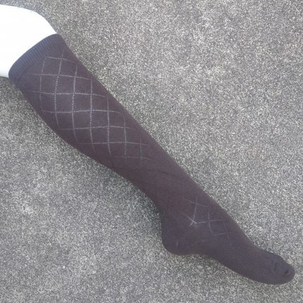 销售男女35-38码咖咖啡色棉质菱形格暗纹及膝长筒袜子