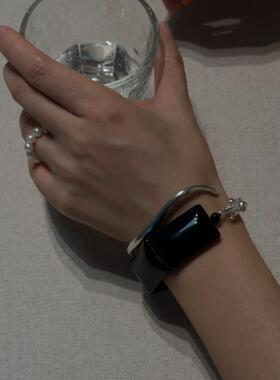 Lightnight夜白 原创黑方条大颗粒天然黑玛瑙纯银手链手镯手环