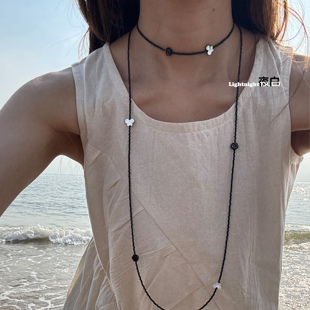 Lightnight夜白原创【蜜语】天然珍珠贝壳黑尖晶锁骨链choker项链