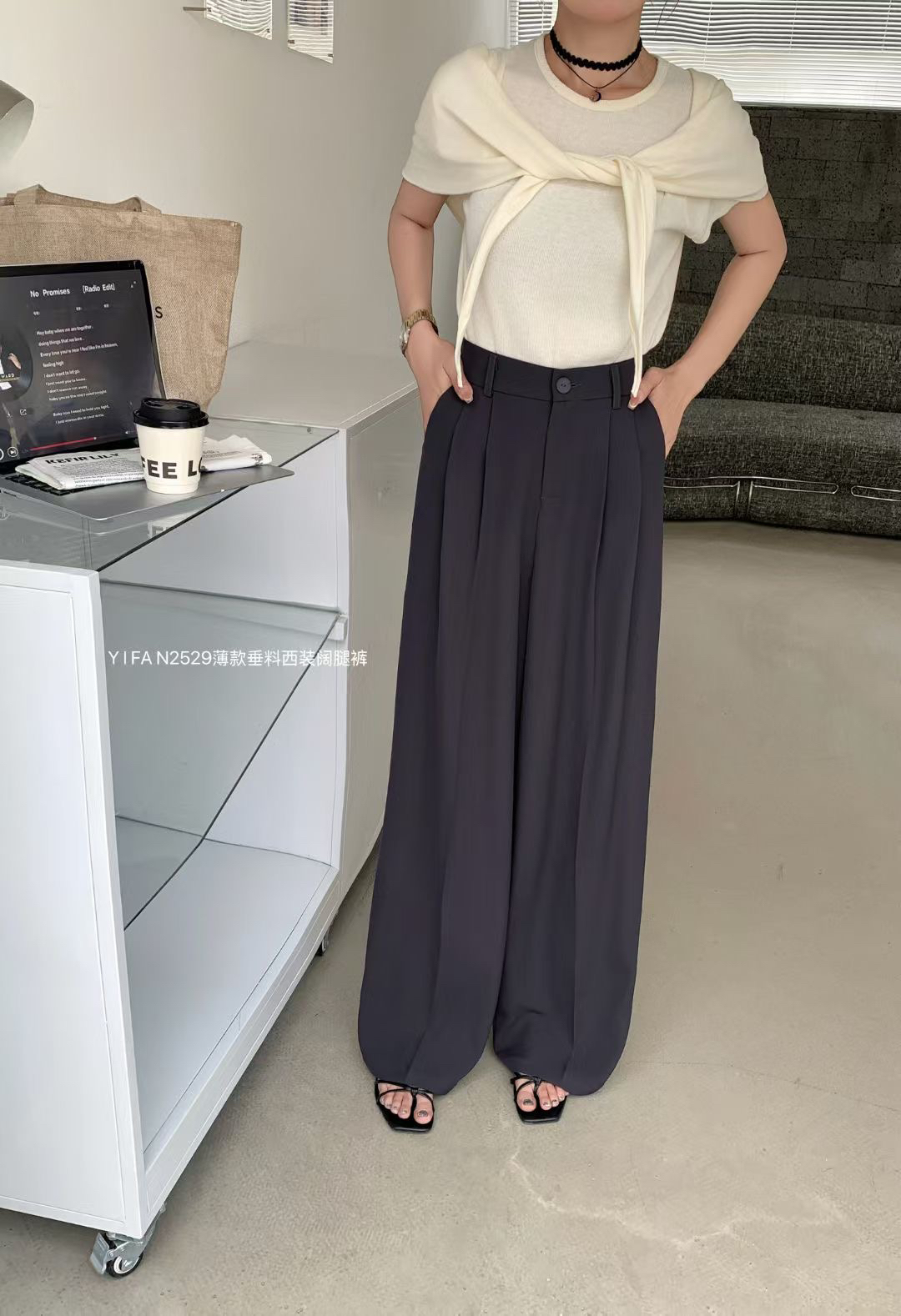 YIFAM逸凡2529夏薄通勤時尚后松緊腰闊腿高腰垂感顯瘦直筒西裝褲