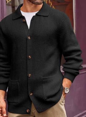 2025欧美跨境秋冬新款针织翻领开衫休闲男士 宽松慵懒百搭毛衣男