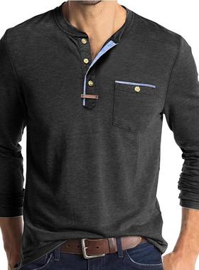 2025跨境亚马逊男装秋冬季圆领拼色长袖t恤T-shirt 欧美男士钮扣