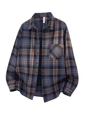 跨2026春秋新款格子长袖衬衫shirt男士潮流宽松翻领复古磨毛衬衫s