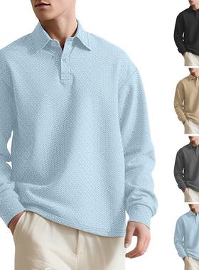 25跨境欧美男肌理提花纯色亚马逊纽扣新款polo衫翻领长袖宽松卫衣