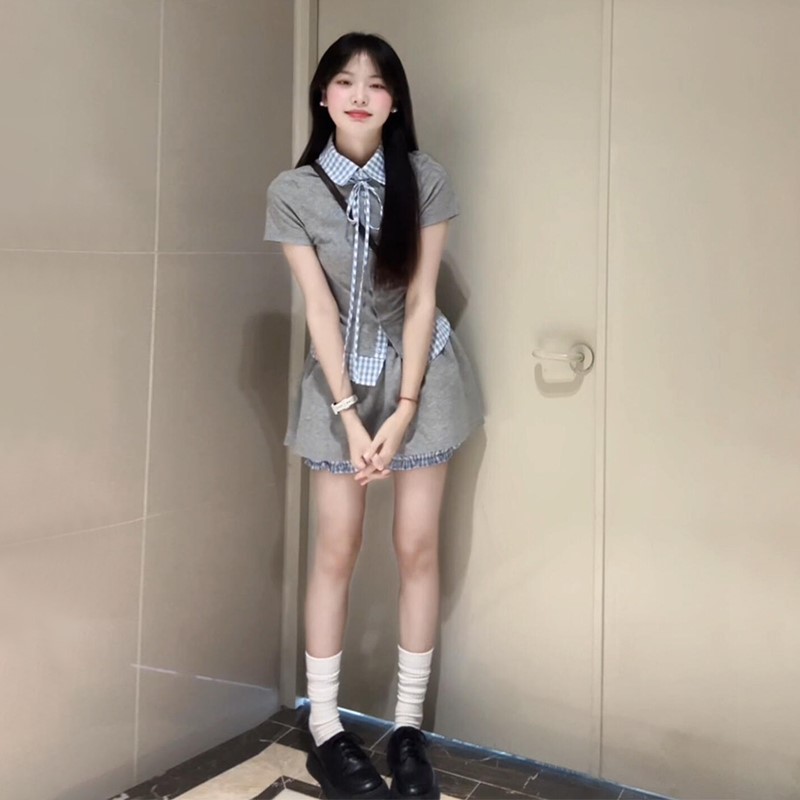 预售10天韩系假两件灰色格子连衣