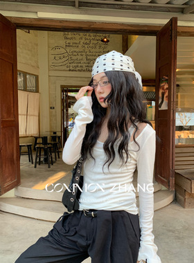 CZ ZHANG春撞色拼接假两件羊毛长袖T恤女修身显瘦U领打底衫C13447