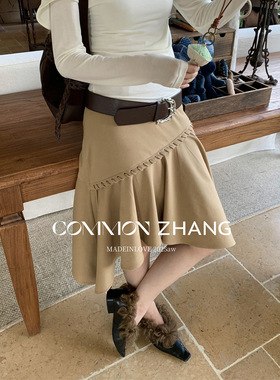 CZ ZHANG秋冬鹿皮绒不规则褶皱拼接半身裙女甜美A字百褶裙B42080