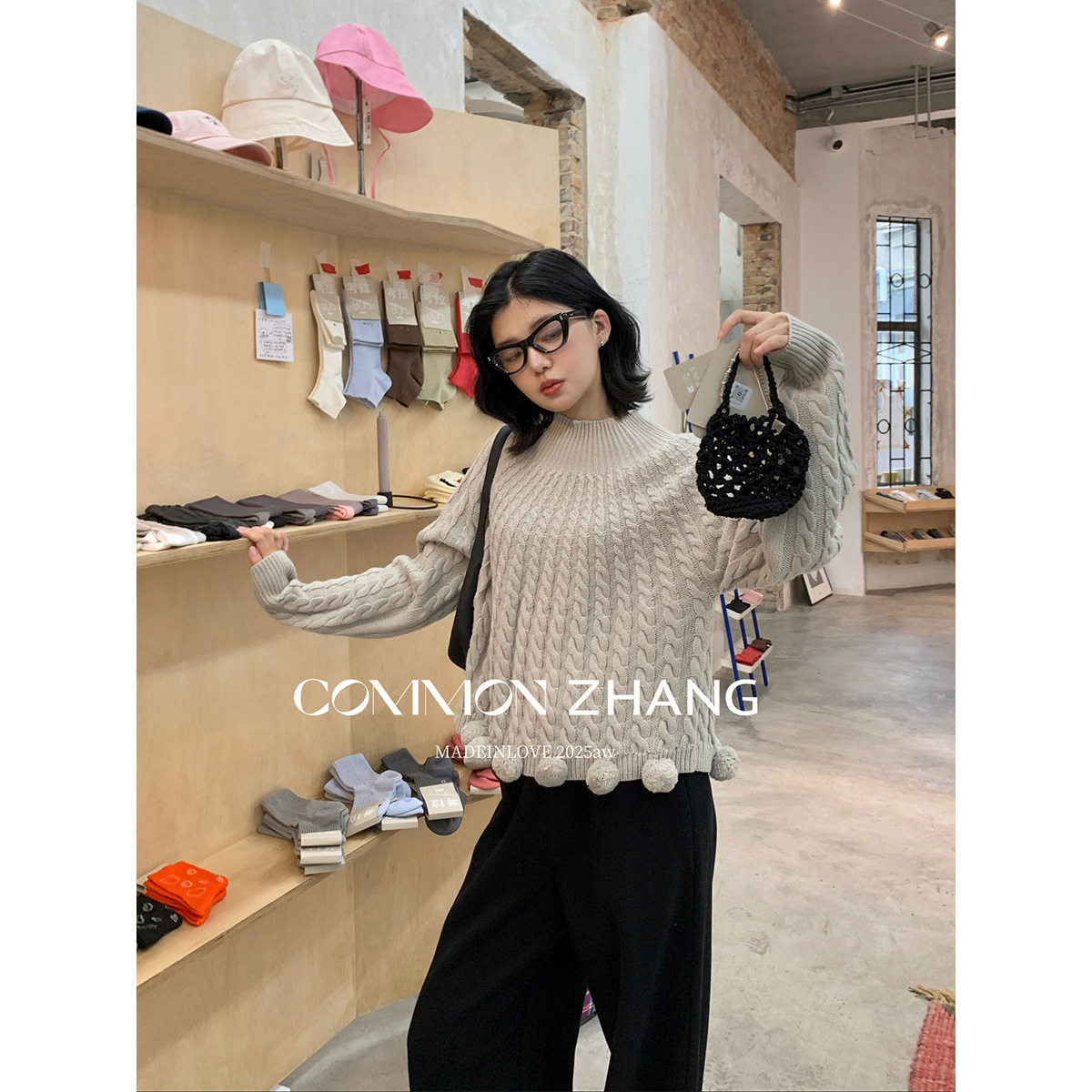 CZ ZHANG秋冬羊毛半高领麻花毛衣女甜美毛球套头休闲针织衫