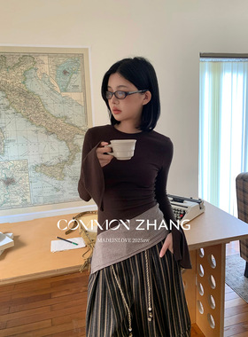 CZ ZHANG秋冬喇叭袖撞色拼接针织衫女通勤长袖T恤打底衫 B40098