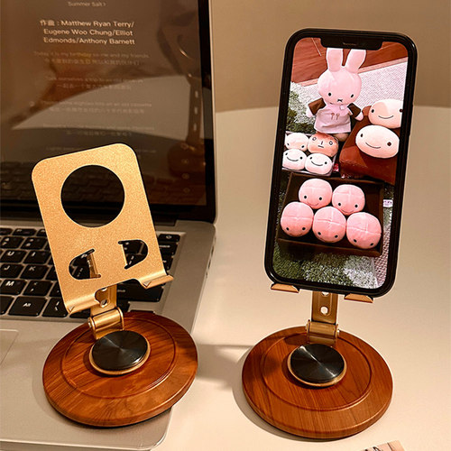 ins高级感复古木纹手机支架360度旋转桌面懒人追剧神器直播支撑架