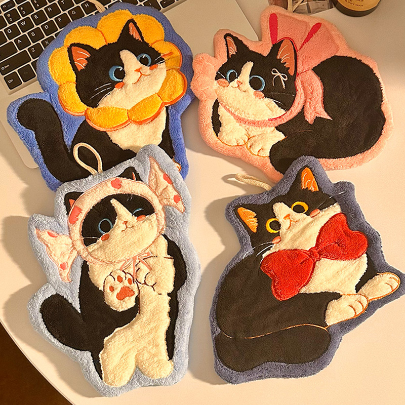 可爱猫咪擦手巾挂式超强吸水速干毛巾卫生间加厚手帕家用厨房抹布