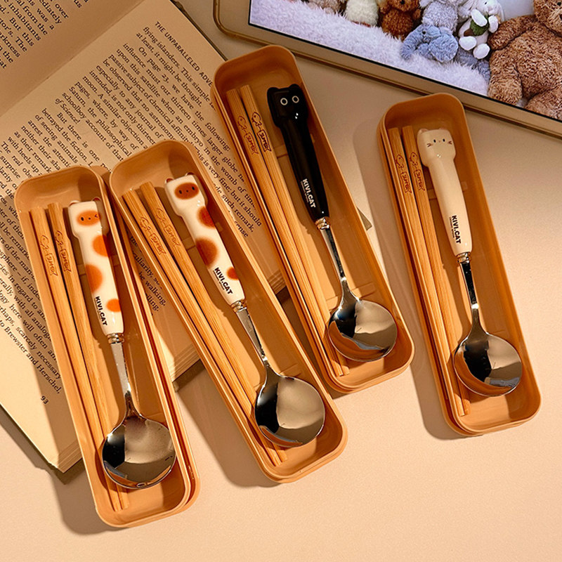 可爱方脸猫筷子勺子套装学生上学专用盒儿童一人食便携餐具收纳盒,餐饮具,叉/勺/筷套装,淘宝优惠券,粉丝福利购,淘宝优惠卷