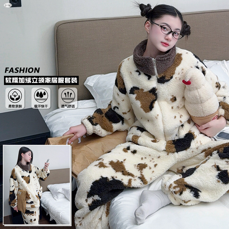 女童法兰绒家居服套装睡衣2025秋冬新款中大童加厚拉链保暖