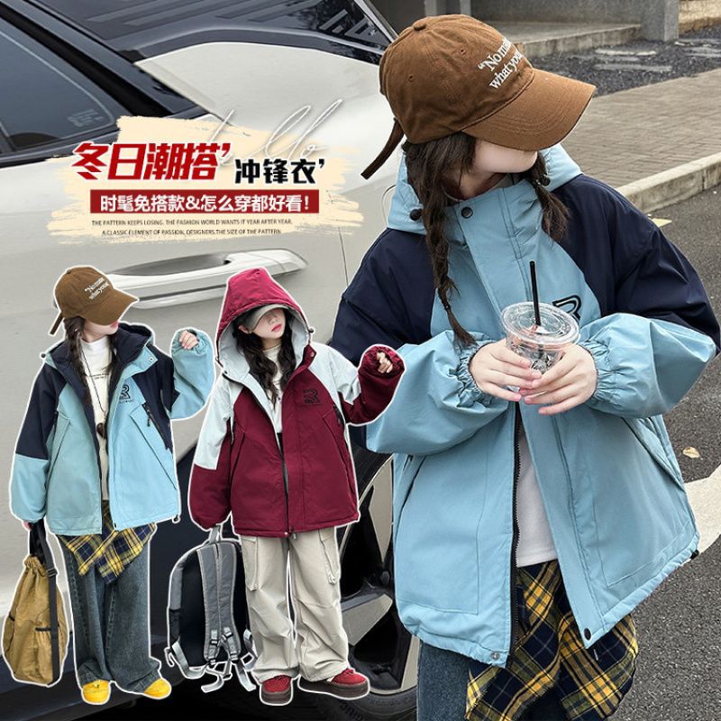 时尚秋冬三防夹棉棉服外套 2025新款女童冲锋衣拼色冲锋衣棉服
