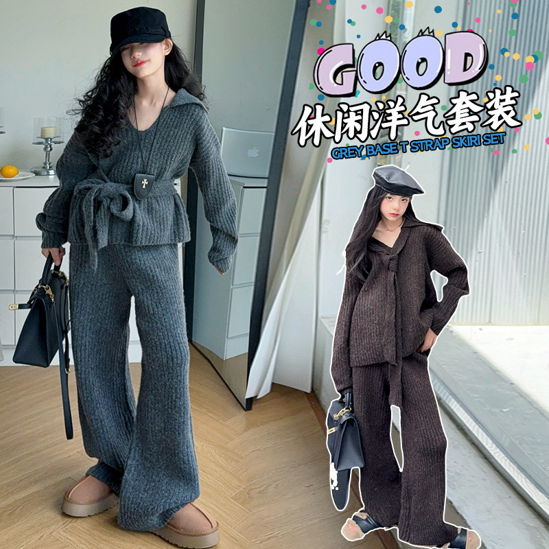 慵懒风毛衣套装女童秋冬新款韩系宽松感针织阔腿裤子领结毛衣