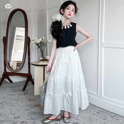 女童白色半身裙2026年夏季新款中大童蝴蝶结A字裙百搭夏装公主裙