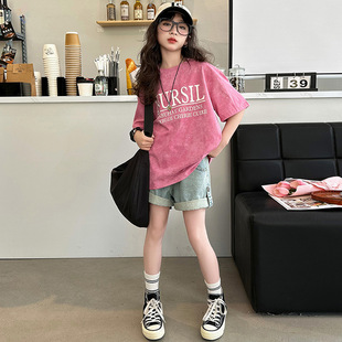 女童短袖T恤夏季2026新款撒银上衣牛仔短裤中大童半袖宽松短t套装