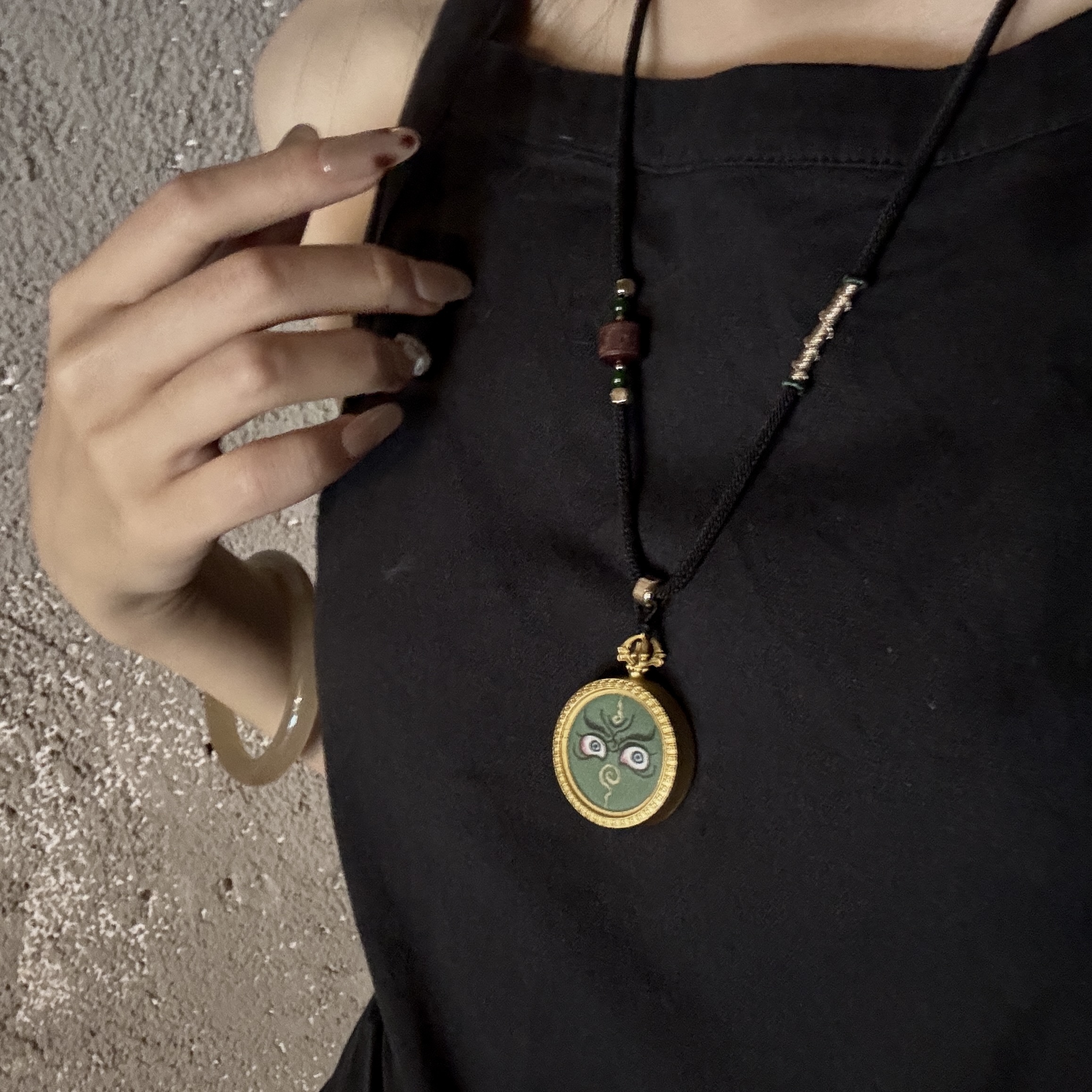 热贡唐卡手绘描金绿度母法眼佛眼吊坠项链毛衣链高级感百搭小众