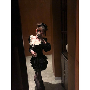 原创黑色丝绒套装 香肉肉 丝绒千金 蕾丝花边丝绒俩件套