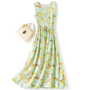 棉绸无袖连衣裙新款夏季波西米亚长裙绵绸背心沙滩裙人造棉大摆裙