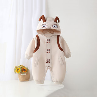 宝宝早秋穿搭小月龄外出抱抱服婴儿连体衣春秋款 双层外穿哈衣超萌