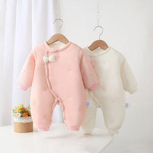 加棉婴儿连体衣女宝宝夹棉连身衣秋冬款哈衣婴幼儿衣服冬季薄棉服