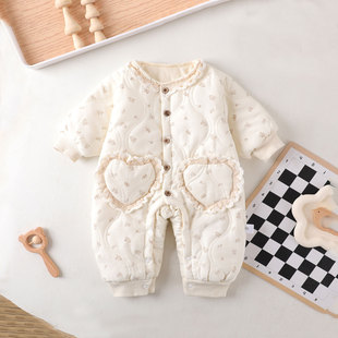 薄棉连体衣婴儿秋冬女宝无骨夹棉哈衣小月龄宝宝秋季衣服a类加棉