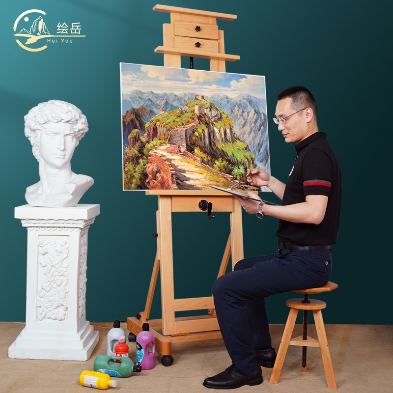 绘岳红榉木油画架单手摇画架双摇杆可升降可前倾后仰落地画架木制画室学校专业多功能平立单摇实木大油画架