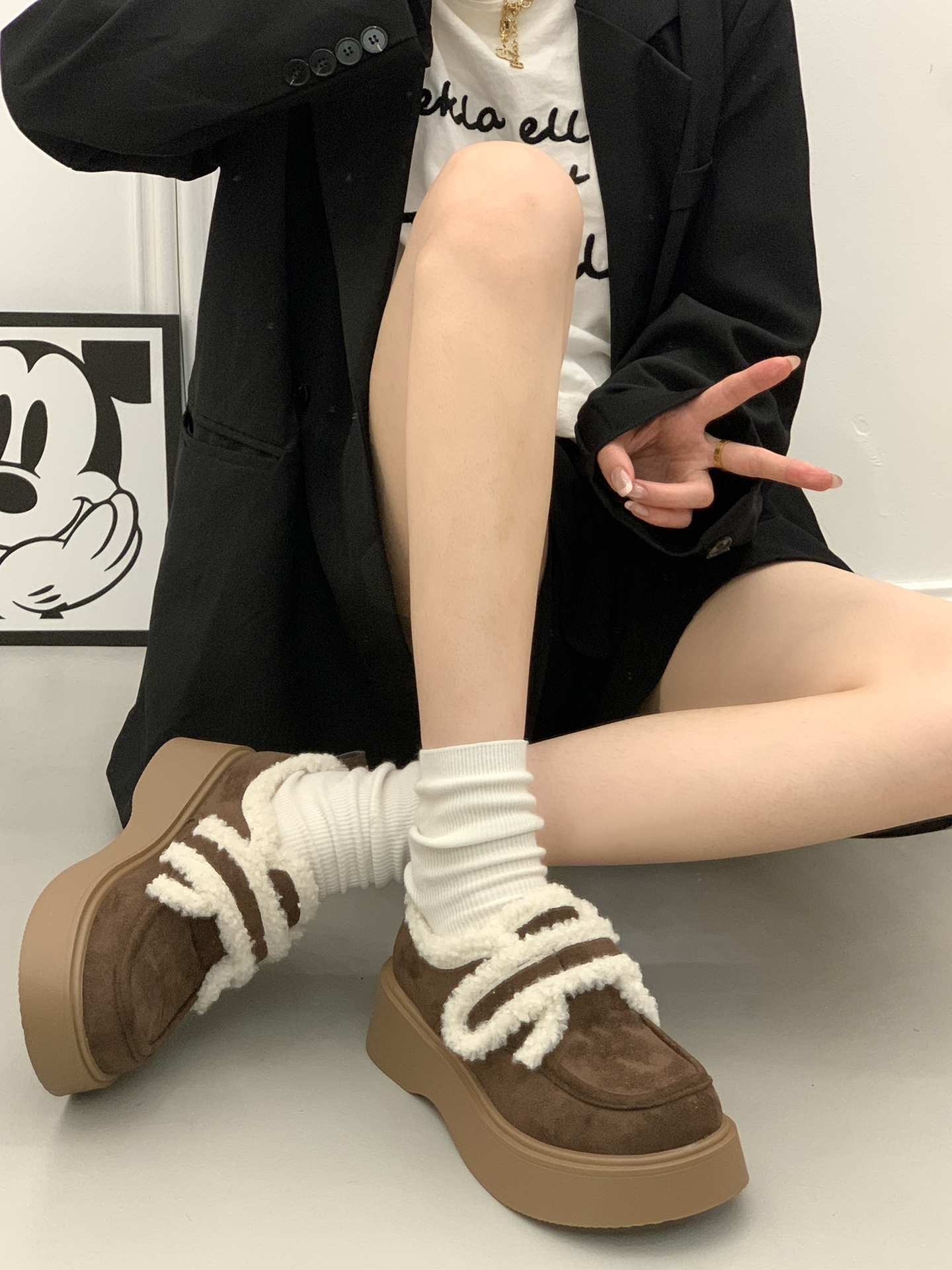 加绒保暖英伦风乐福鞋女2025秋冬季新款厚底增高毛毛雪地勃肯棉鞋