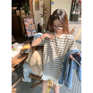 設計感下擺拼接條紋中長t恤裙女2025夏季 百搭短裙連衣裙子