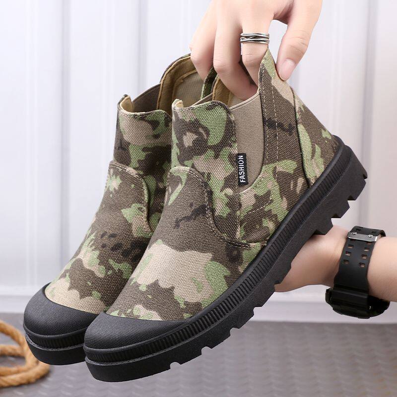 新款户外高帮迷彩休闲帆布鞋男夏季登山一脚蹬工作马丁靴女司机鞋