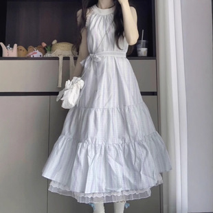 日系甜美挂脖无袖 蝴蝶结绑带收腰海边度假 长款 连衣裙女夏季