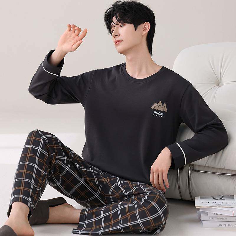 官方正品男士睡衣长袖纯棉春秋季全棉青年中年睡衣男秋天休闲家居