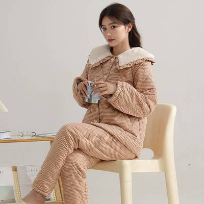 官方正品睡衣女加绒夹棉冬三层加厚保暖娃娃领可外穿女士家居服棉