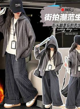 官方正品女童25秋冬新款韩版休闲灰色加厚外套麻花毛线针织开衫加