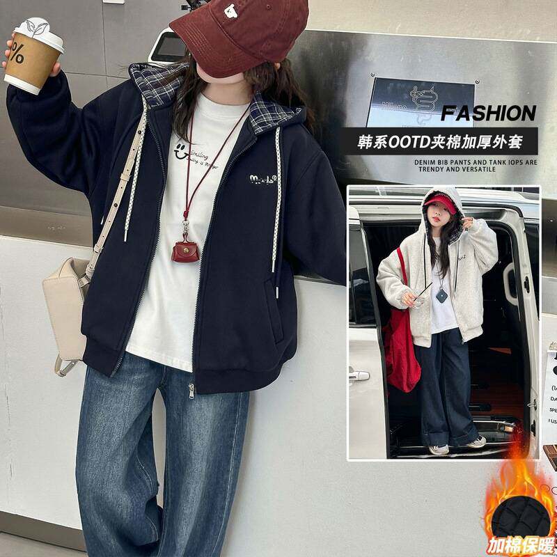 官方正品女童加绒卫衣2025年秋冬新款格子拼接连帽外套中大童刺绣