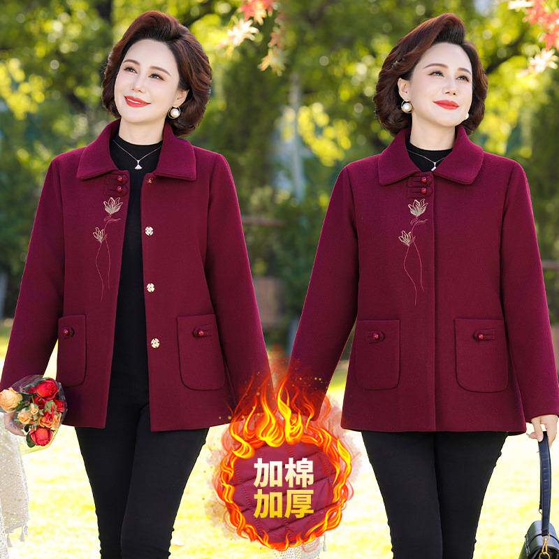 官方正品妈妈冬装加棉加厚毛呢外套秋冬季新款中老年奶奶高贵洋气