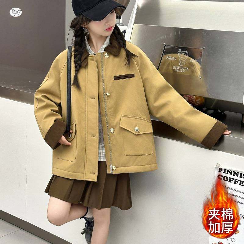 官方正品女童夹棉加厚外套2025秋冬新款中大童韩系撞色工装夹克衫