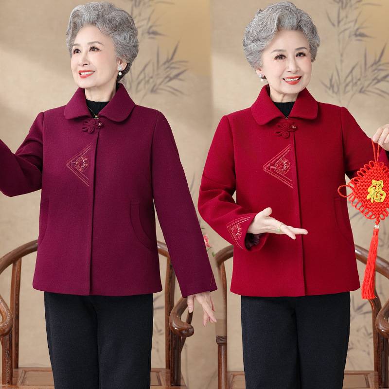 官方正品中老年人女秋装外套奶奶翻领绣花长袖新款外套老太太衣服