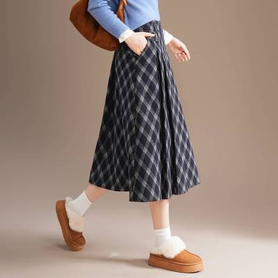 官方正品时尚半身裙大小格子A字裙2025秋冬季新款高腰裙女装大摆