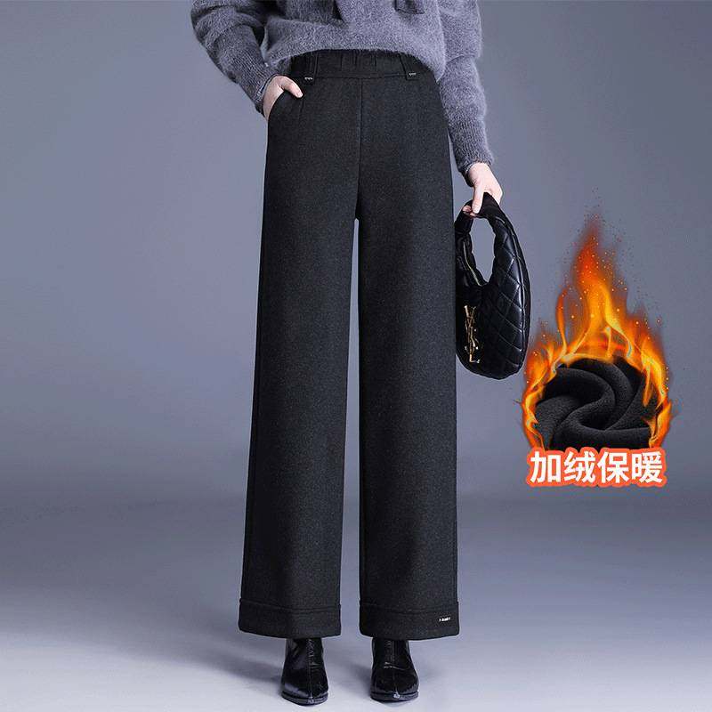 官方正品加绒羊毛呢阔腿裤女2026新款秋冬季宽松加厚裤子小个子休